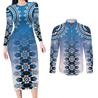 New Zealand Couples Matching Long Sleeve Bodycon Dress and Long Sleeve Button Shirt Poutama Mix Blue Taniko Inspired Art LT05