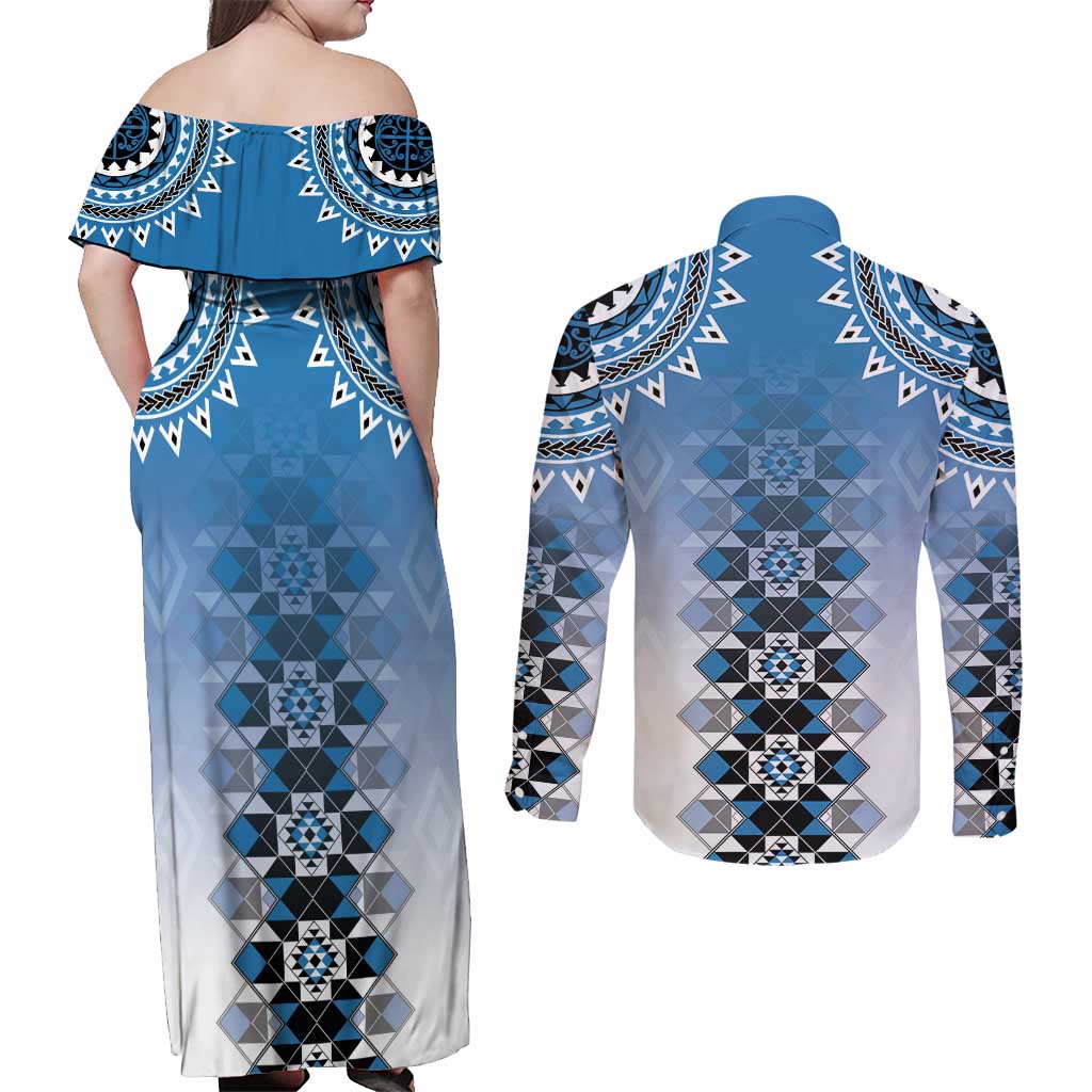 New Zealand Couples Matching Off Shoulder Maxi Dress and Long Sleeve Button Shirt Poutama Mix Blue Taniko Inspired Art LT05