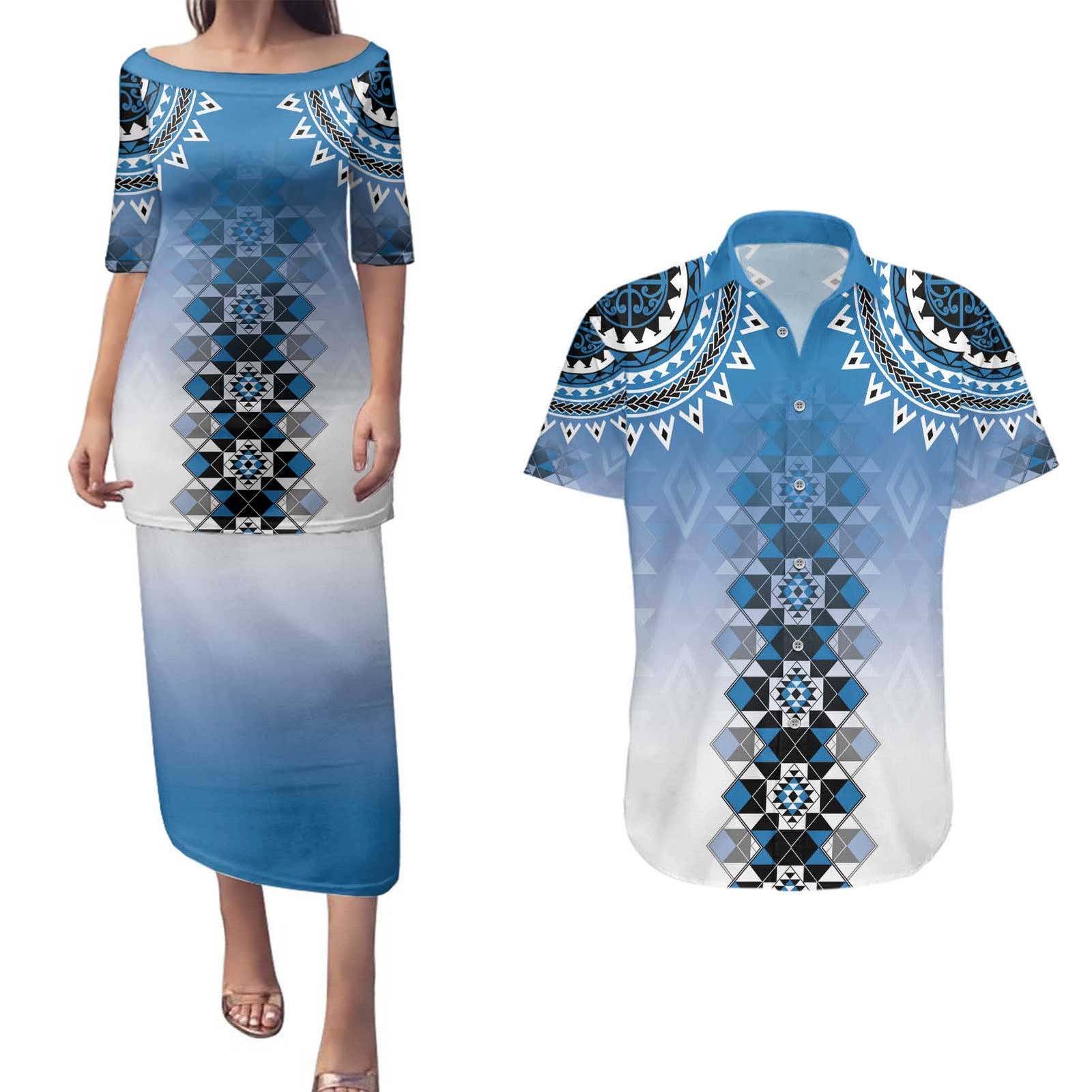 New Zealand Couples Matching Puletasi and Hawaiian Shirt Poutama Mix Blue Taniko Inspired Art LT05
