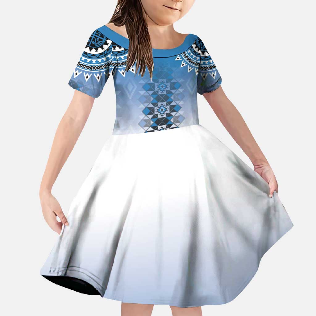 New Zealand Family Matching Off Shoulder Maxi Dress and Hawaiian Shirt Poutama Mix Blue Taniko Inspired Art LT05