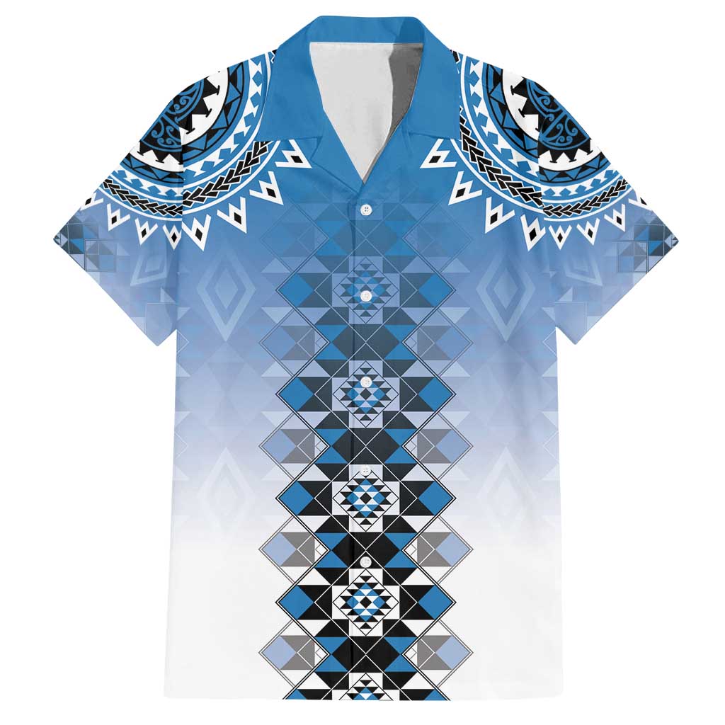 New Zealand Family Matching Summer Maxi Dress and Hawaiian Shirt Poutama Mix Blue Taniko Inspired Art LT05