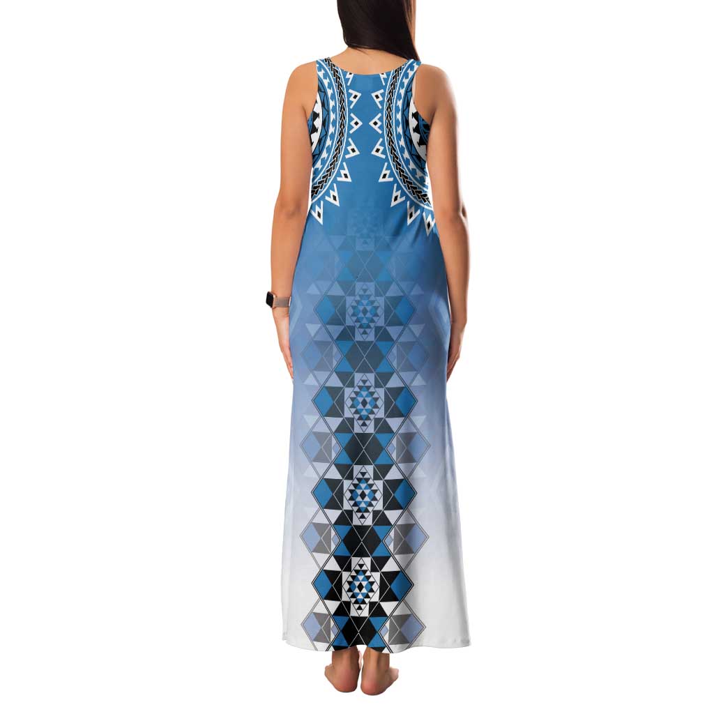 New Zealand Family Matching Tank Maxi Dress and Hawaiian Shirt Poutama Mix Blue Taniko Inspired Art LT05