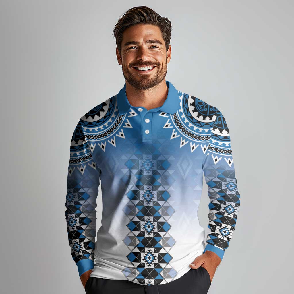 New Zealand Long Sleeve Polo Shirt Poutama Mix Blue Taniko Inspired Art LT05
