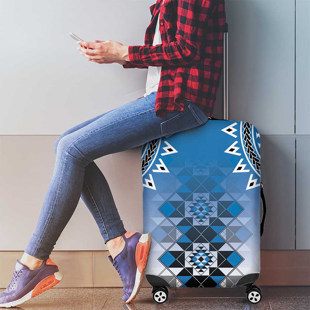 New Zealand Luggage Cover Poutama Mix Blue Taniko Inspired Art LT05