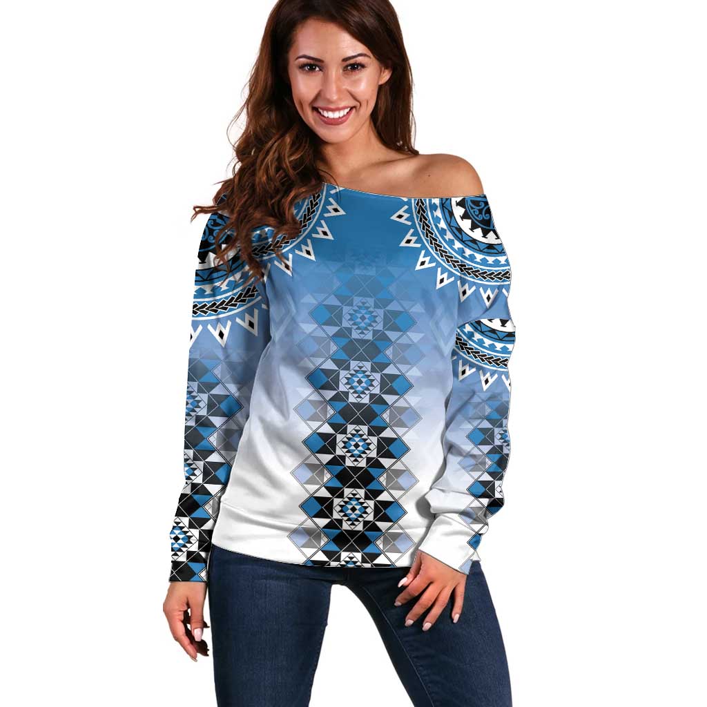 New Zealand Off Shoulder Sweater Poutama Mix Blue Taniko Inspired Art LT05 Women Blue - Polynesian Pride