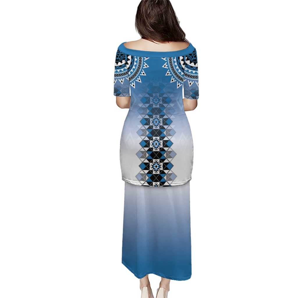 New Zealand Puletasi Poutama Mix Blue Taniko Inspired Art LT05