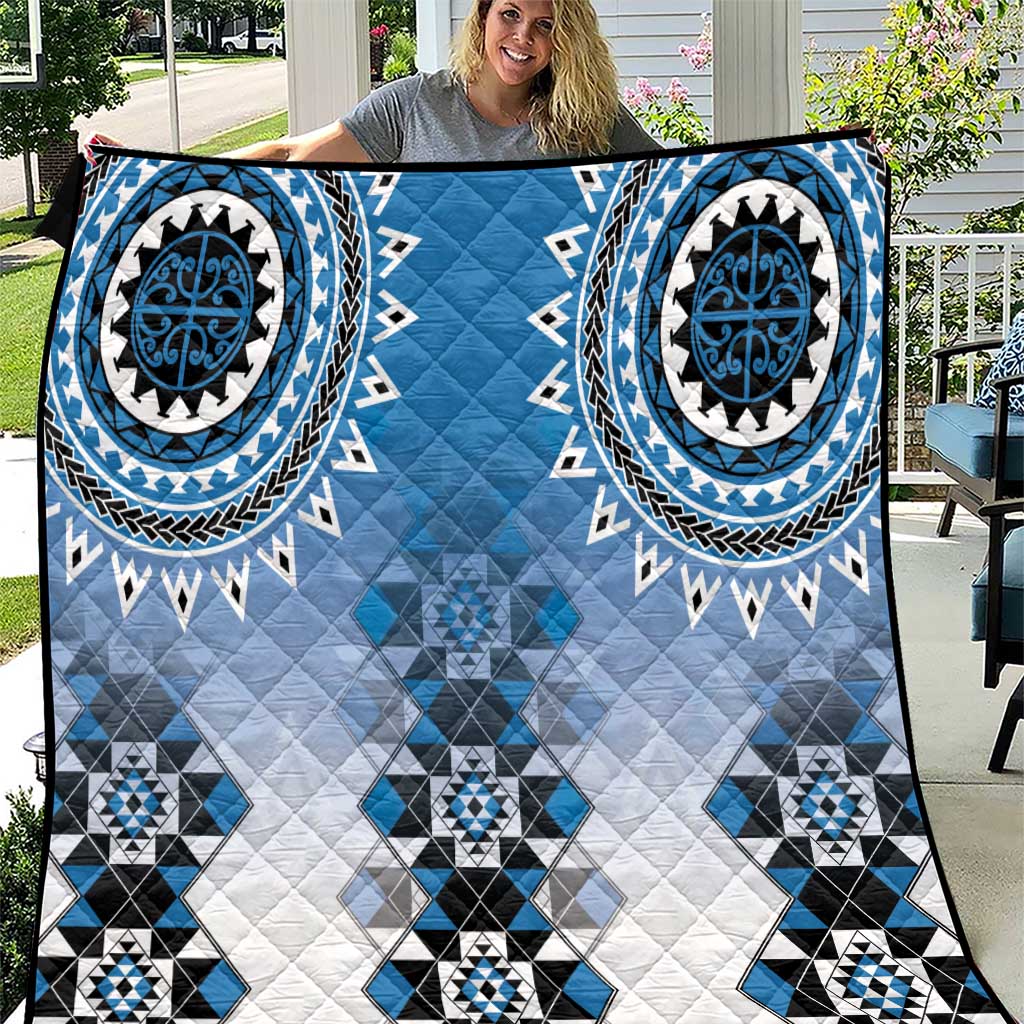 New Zealand Quilt Poutama Mix Blue Taniko Inspired Art LT05 Blue - Polynesian Pride