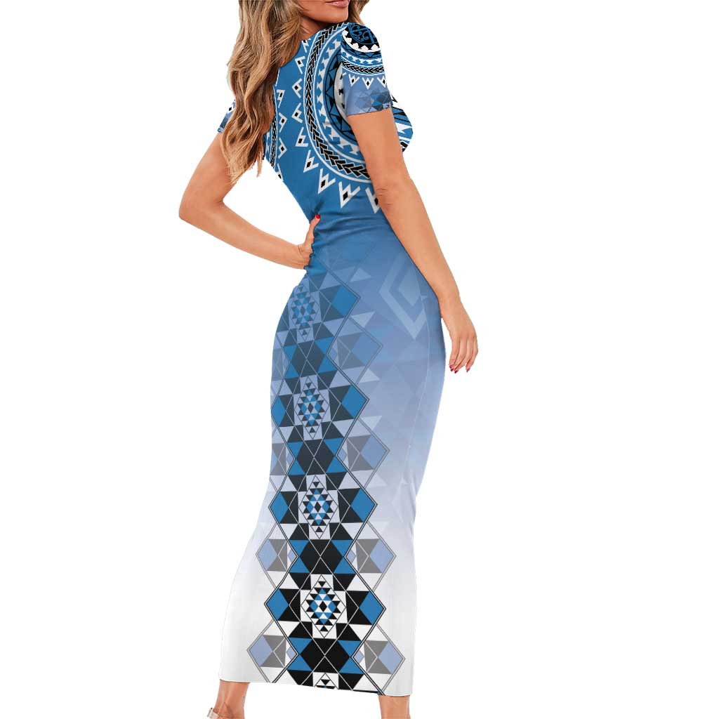 New Zealand Short Sleeve Bodycon Dress Poutama Mix Blue Taniko Inspired Art LT05
