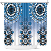 New Zealand Shower Curtain Poutama Mix Blue Taniko Inspired Art LT05