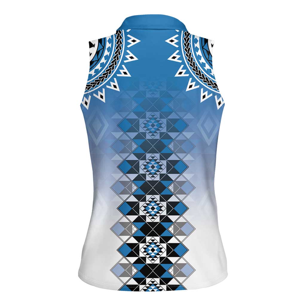 New Zealand Women Sleeveless Polo Shirt Poutama Mix Blue Taniko Inspired Art LT05