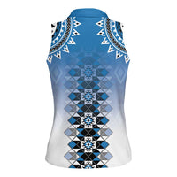New Zealand Women Sleeveless Polo Shirt Poutama Mix Blue Taniko Inspired Art LT05