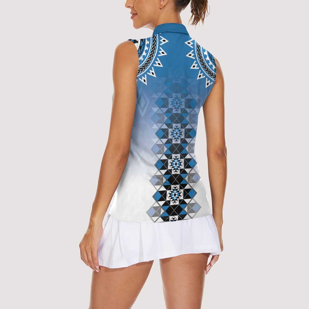 New Zealand Women Sleeveless Polo Shirt Poutama Mix Blue Taniko Inspired Art LT05