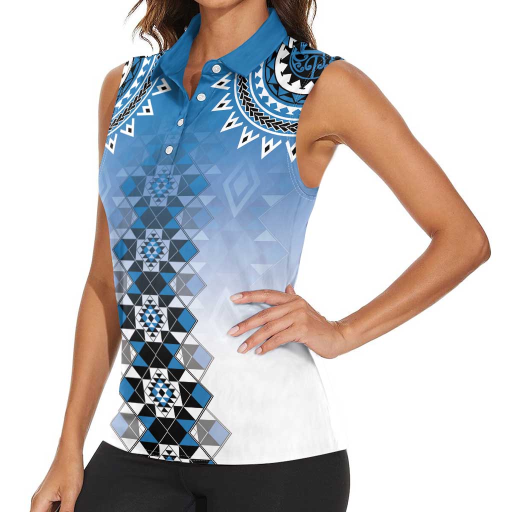 New Zealand Women Sleeveless Polo Shirt Poutama Mix Blue Taniko Inspired Art LT05