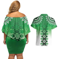 New Zealand Couples Matching Off Shoulder Short Dress and Hawaiian Shirt Poutama Mix Green Taniko Inspired Art LT05