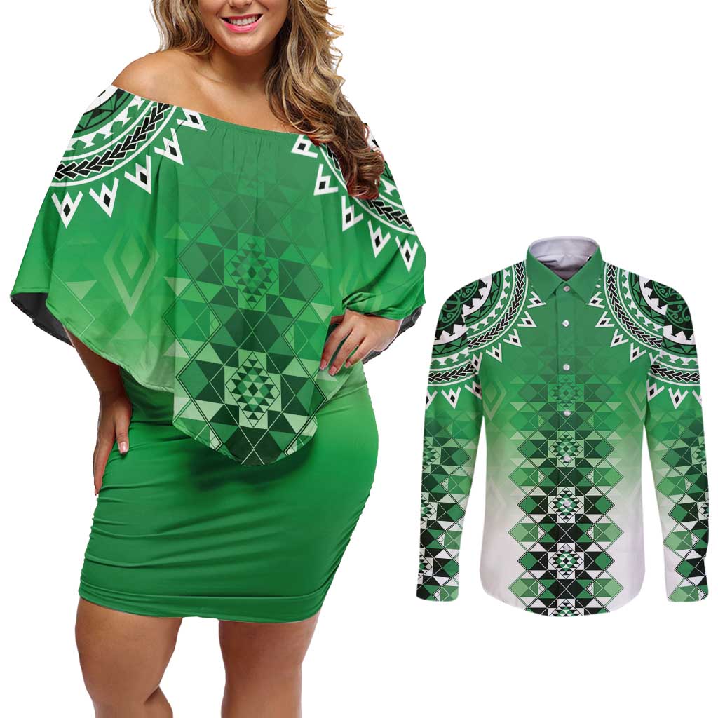 New Zealand Couples Matching Off Shoulder Short Dress and Long Sleeve Button Shirt Poutama Mix Green Taniko Inspired Art LT05