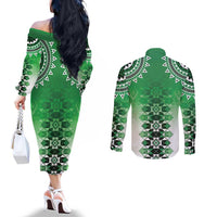 New Zealand Couples Matching Off The Shoulder Long Sleeve Dress and Long Sleeve Button Shirt Poutama Mix Green Taniko Inspired Art LT05
