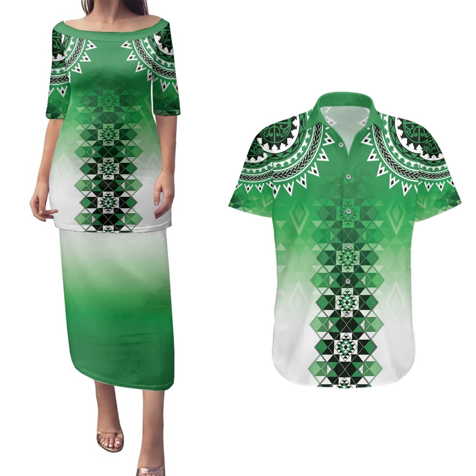 New Zealand Couples Matching Puletasi and Hawaiian Shirt Poutama Mix Green Taniko Inspired Art LT05