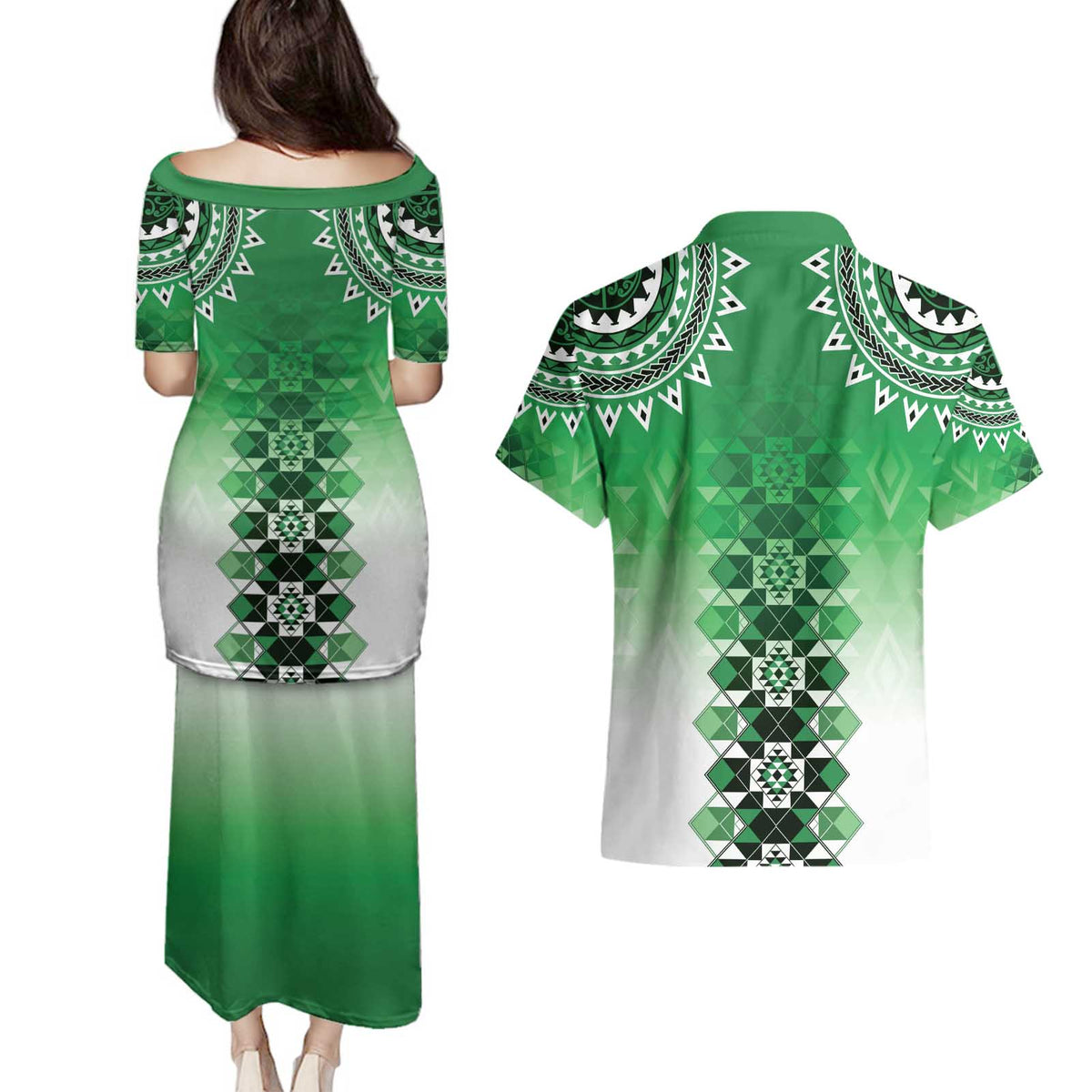 New Zealand Couples Matching Puletasi and Hawaiian Shirt Poutama Mix Green Taniko Inspired Art LT05