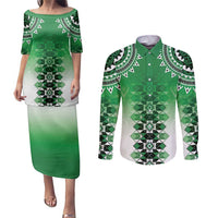 New Zealand Couples Matching Puletasi and Long Sleeve Button Shirt Poutama Mix Green Taniko Inspired Art LT05