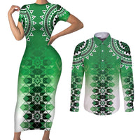New Zealand Couples Matching Short Sleeve Bodycon Dress and Long Sleeve Button Shirt Poutama Mix Green Taniko Inspired Art LT05
