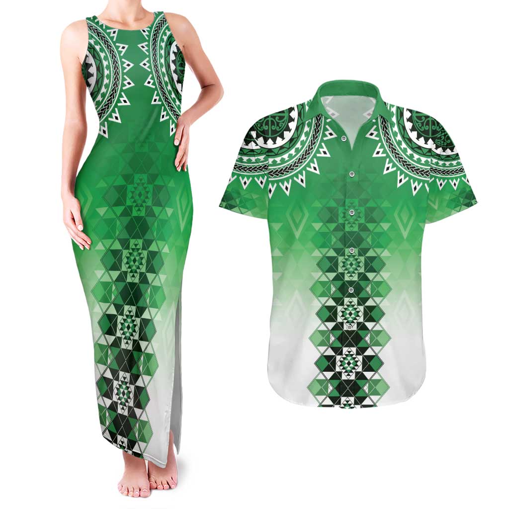 New Zealand Couples Matching Tank Maxi Dress and Hawaiian Shirt Poutama Mix Green Taniko Inspired Art LT05