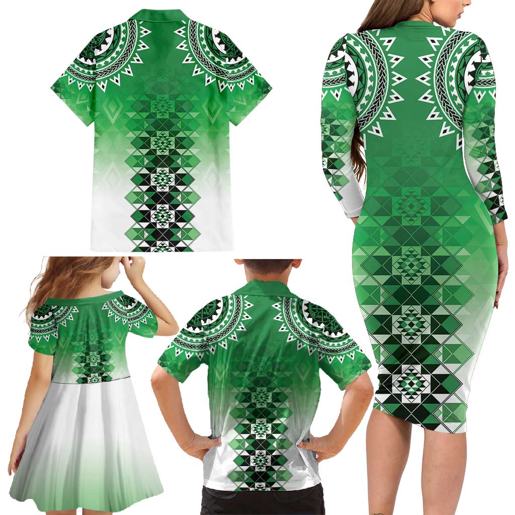 New Zealand Family Matching Long Sleeve Bodycon Dress and Hawaiian Shirt Poutama Mix Green Taniko Inspired Art LT05