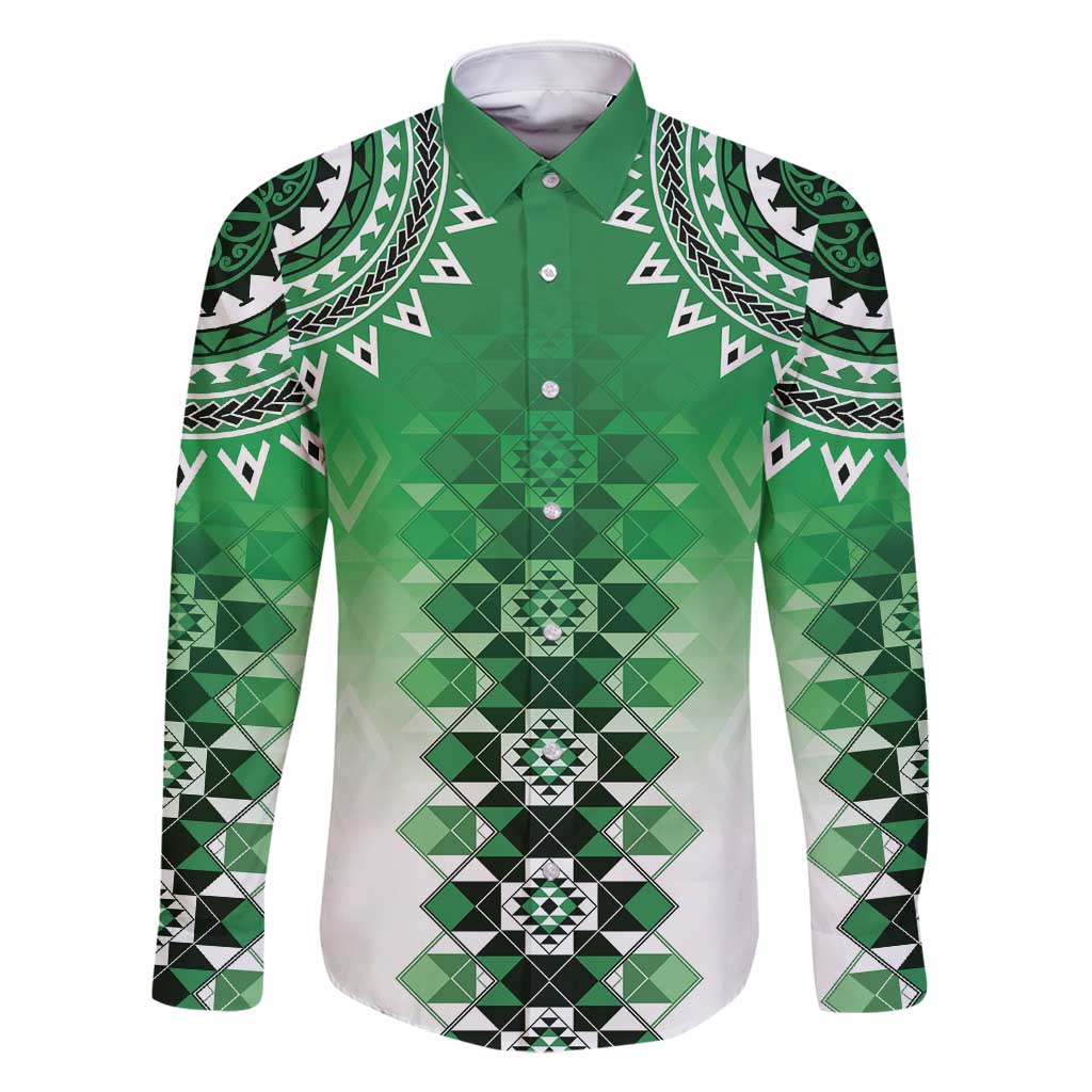 New Zealand Family Matching Long Sleeve Bodycon Dress and Hawaiian Shirt Poutama Mix Green Taniko Inspired Art LT05