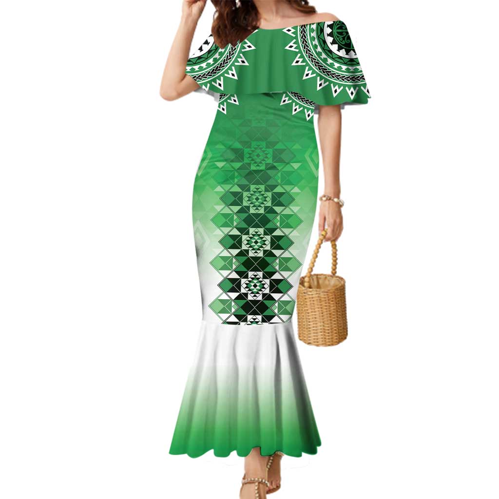 New Zealand Family Matching Mermaid Dress and Hawaiian Shirt Poutama Mix Green Taniko Inspired Art LT05