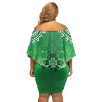 New Zealand Family Matching Off Shoulder Short Dress and Hawaiian Shirt Poutama Mix Green Taniko Inspired Art LT05