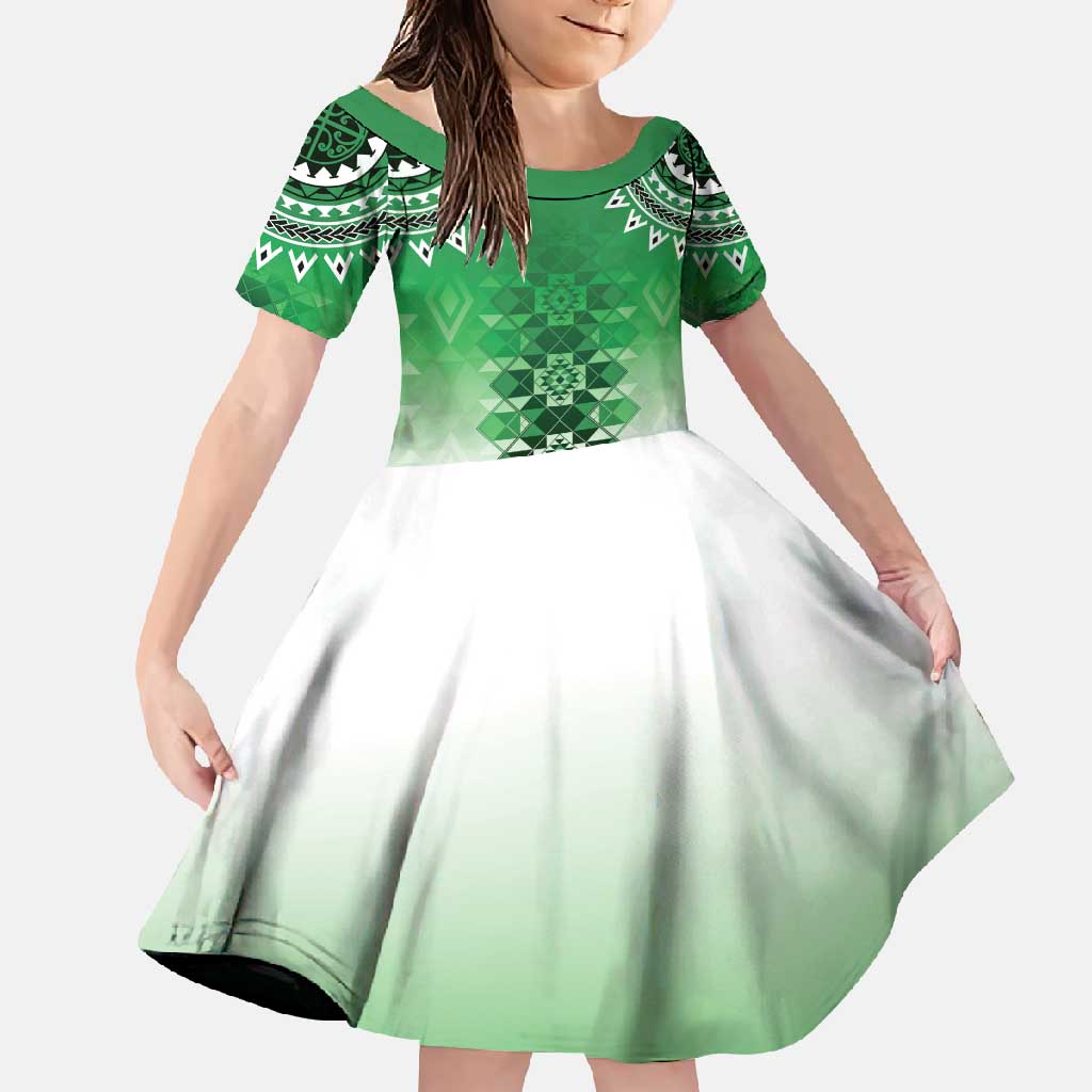 New Zealand Family Matching Tank Maxi Dress and Hawaiian Shirt Poutama Mix Green Taniko Inspired Art LT05