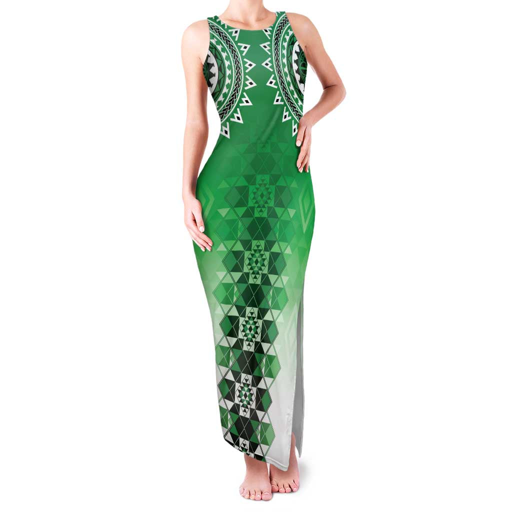 New Zealand Family Matching Tank Maxi Dress and Hawaiian Shirt Poutama Mix Green Taniko Inspired Art LT05