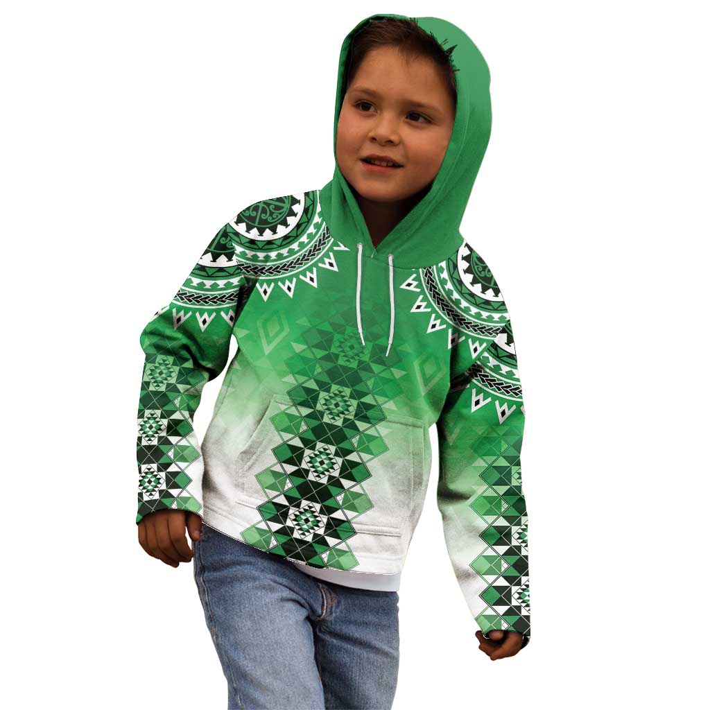 New Zealand Kid Hoodie Poutama Mix Green Taniko Inspired Art LT05