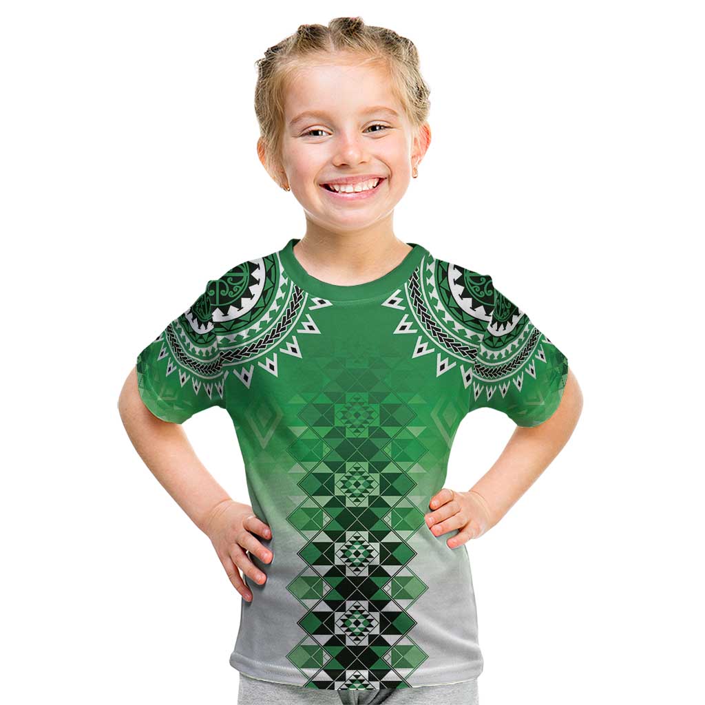 New Zealand Kid T Shirt Poutama Mix Green Taniko Inspired Art LT05