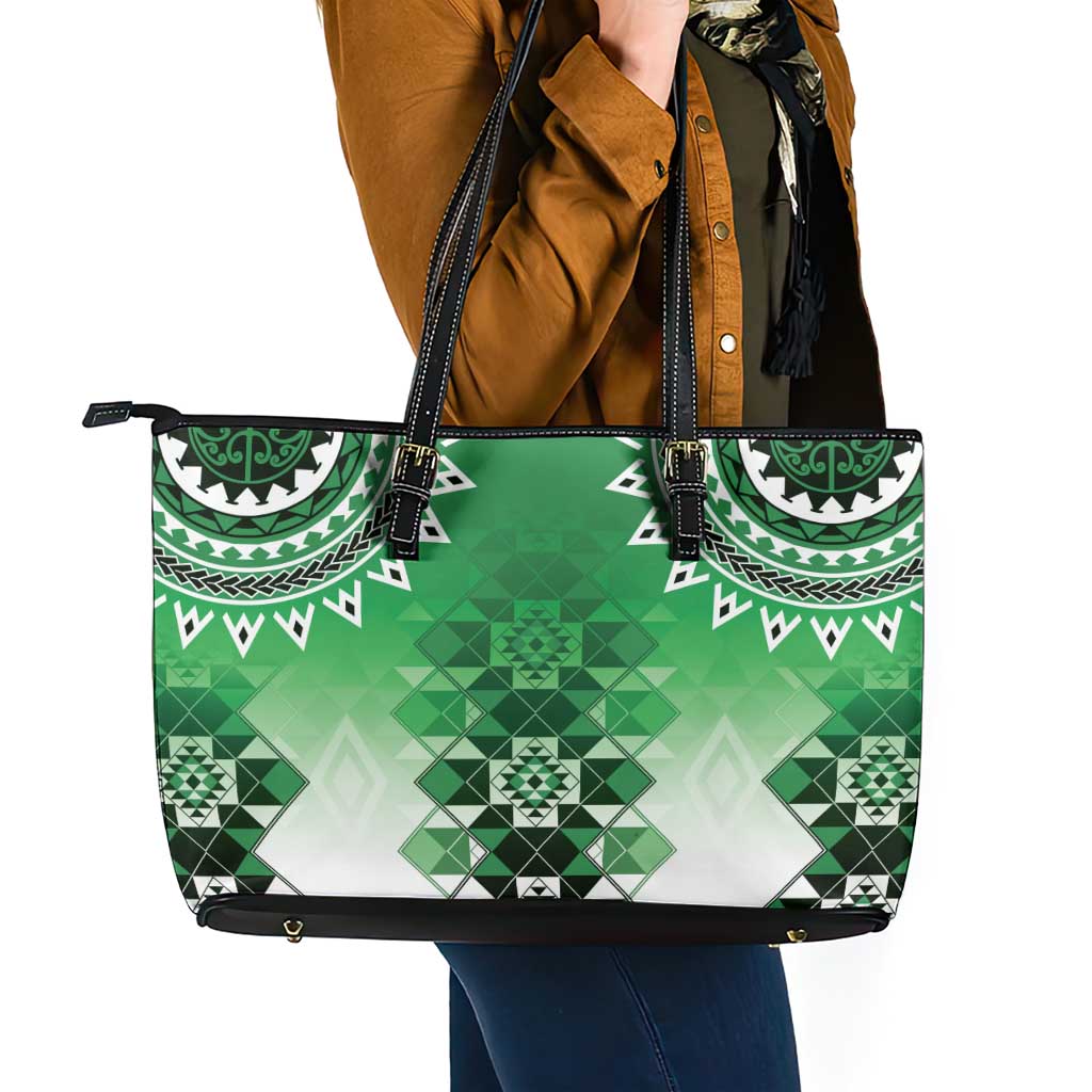 New Zealand Leather Tote Bag Poutama Mix Green Taniko Inspired Art LT05