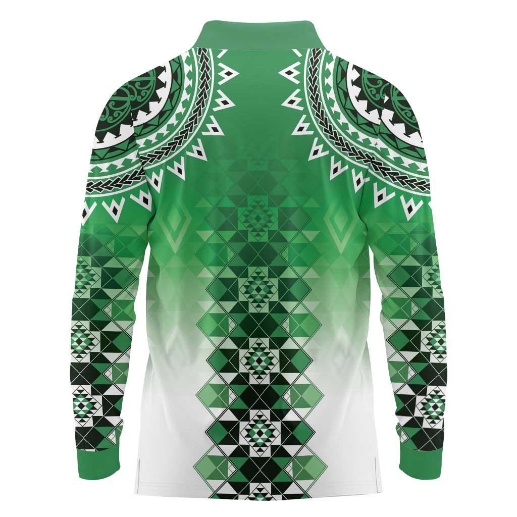 New Zealand Long Sleeve Polo Shirt Poutama Mix Green Taniko Inspired Art LT05