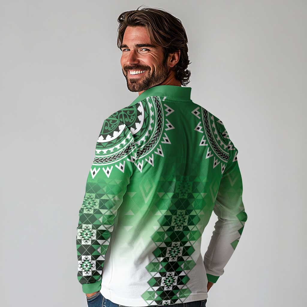 New Zealand Long Sleeve Polo Shirt Poutama Mix Green Taniko Inspired Art LT05