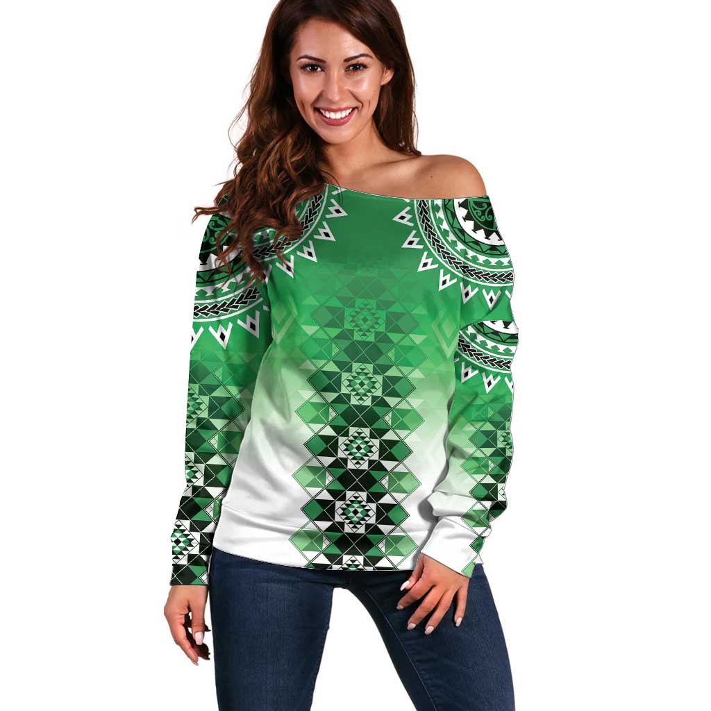 New Zealand Off Shoulder Sweater Poutama Mix Green Taniko Inspired Art LT05 Women Green - Polynesian Pride
