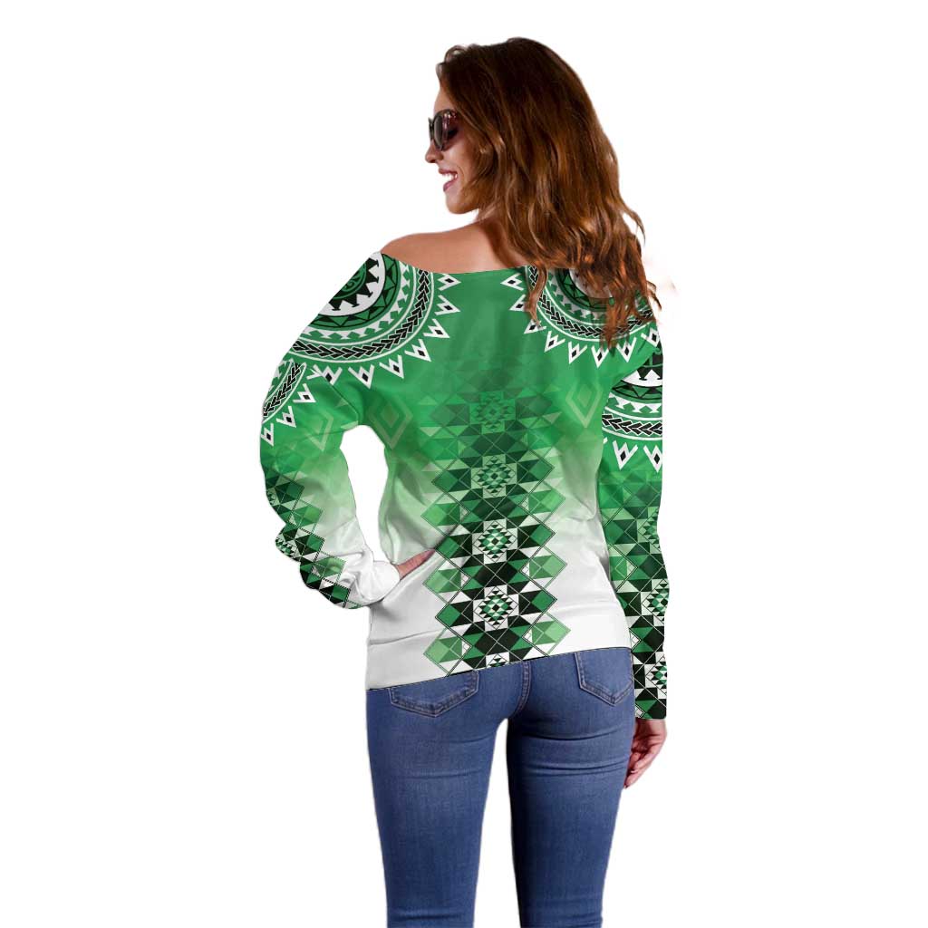 New Zealand Off Shoulder Sweater Poutama Mix Green Taniko Inspired Art LT05