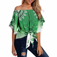 New Zealand Off Shoulder Wrap Waist Top Poutama Mix Green Taniko Inspired Art LT05 - Polynesian Pride