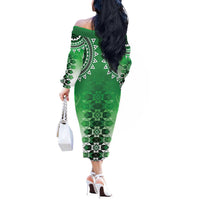 New Zealand Off The Shoulder Long Sleeve Dress Poutama Mix Green Taniko Inspired Art LT05