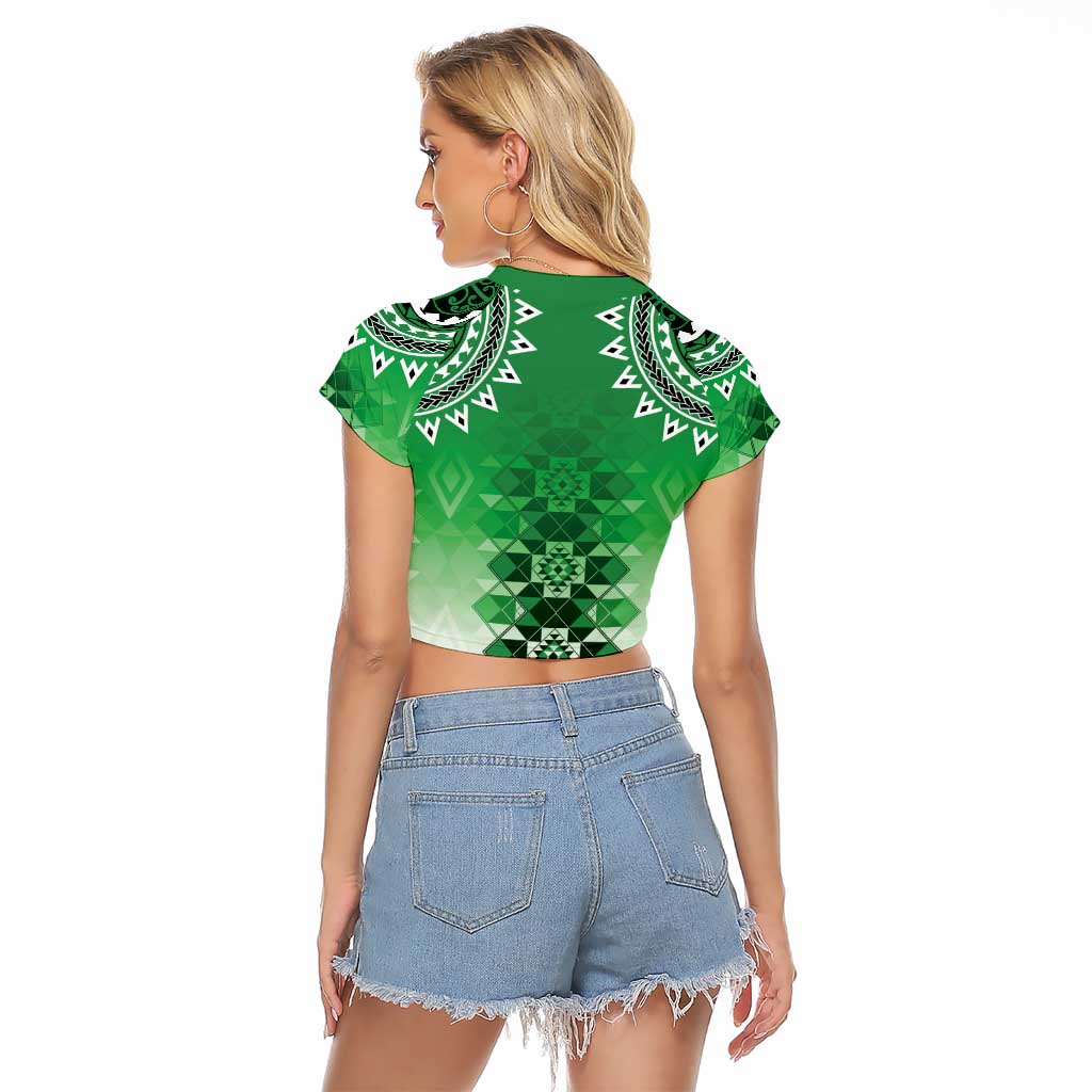 New Zealand Raglan Cropped T Shirt Poutama Mix Green Taniko Inspired Art LT05