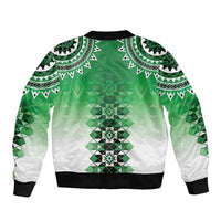 New Zealand Sleeve Zip Bomber Jacket Poutama Mix Green Taniko Inspired Art LT05