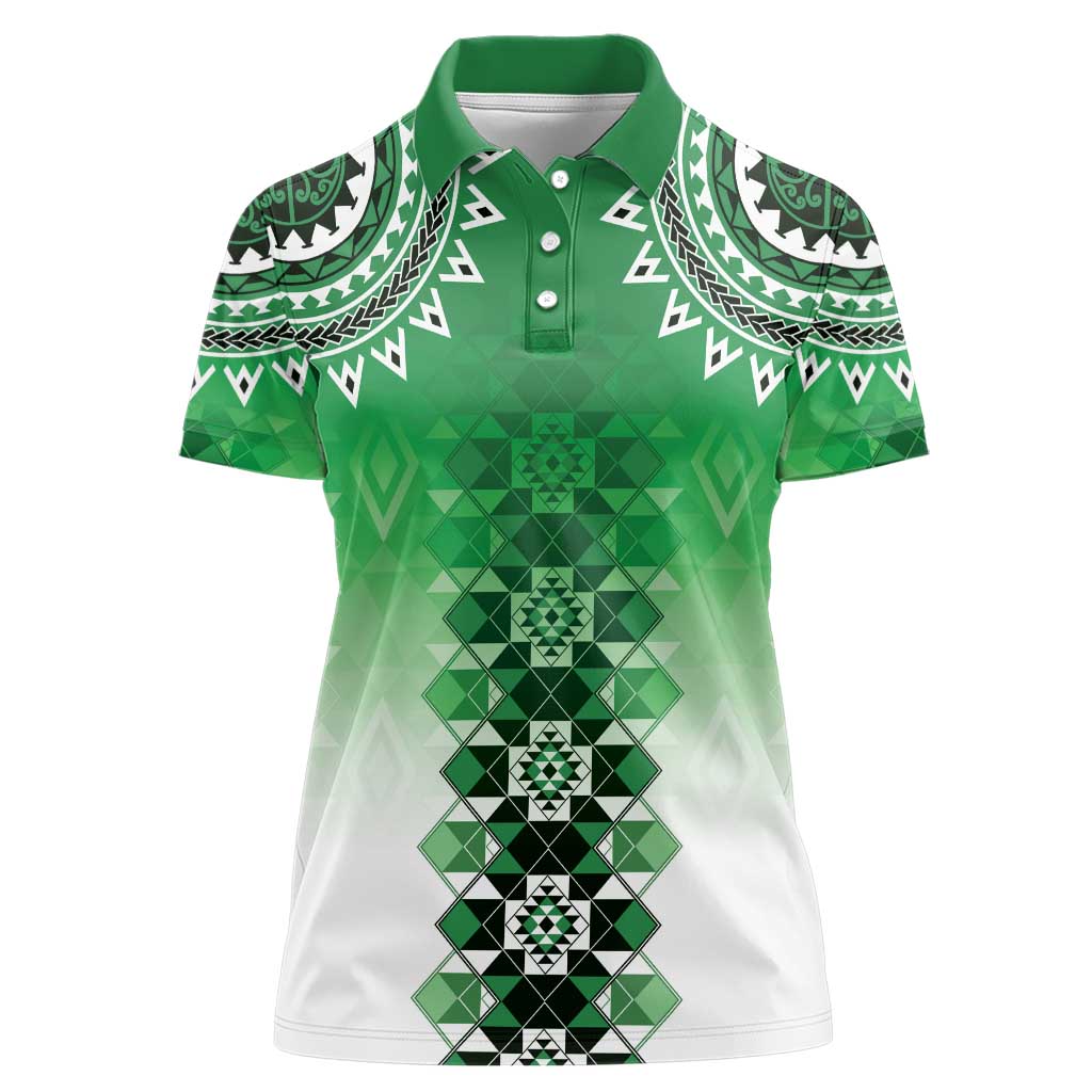 New Zealand Women Polo Shirt Poutama Mix Green Taniko Inspired Art LT05