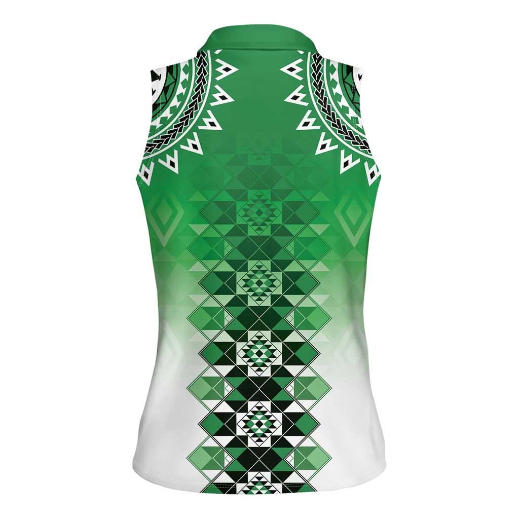 New Zealand Women Sleeveless Polo Shirt Poutama Mix Green Taniko Inspired Art LT05