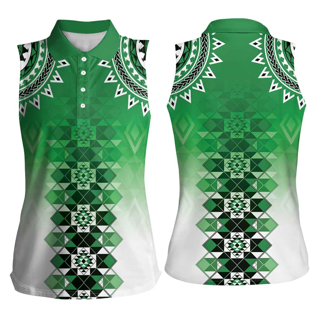 New Zealand Women Sleeveless Polo Shirt Poutama Mix Green Taniko Inspired Art LT05