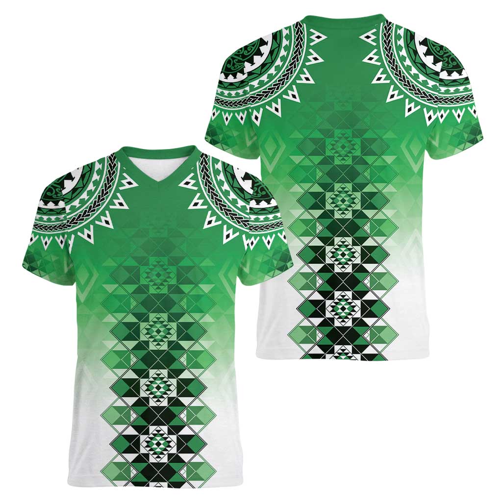 New Zealand Women V-Neck T-Shirt Poutama Mix Green Taniko Inspired Art LT05