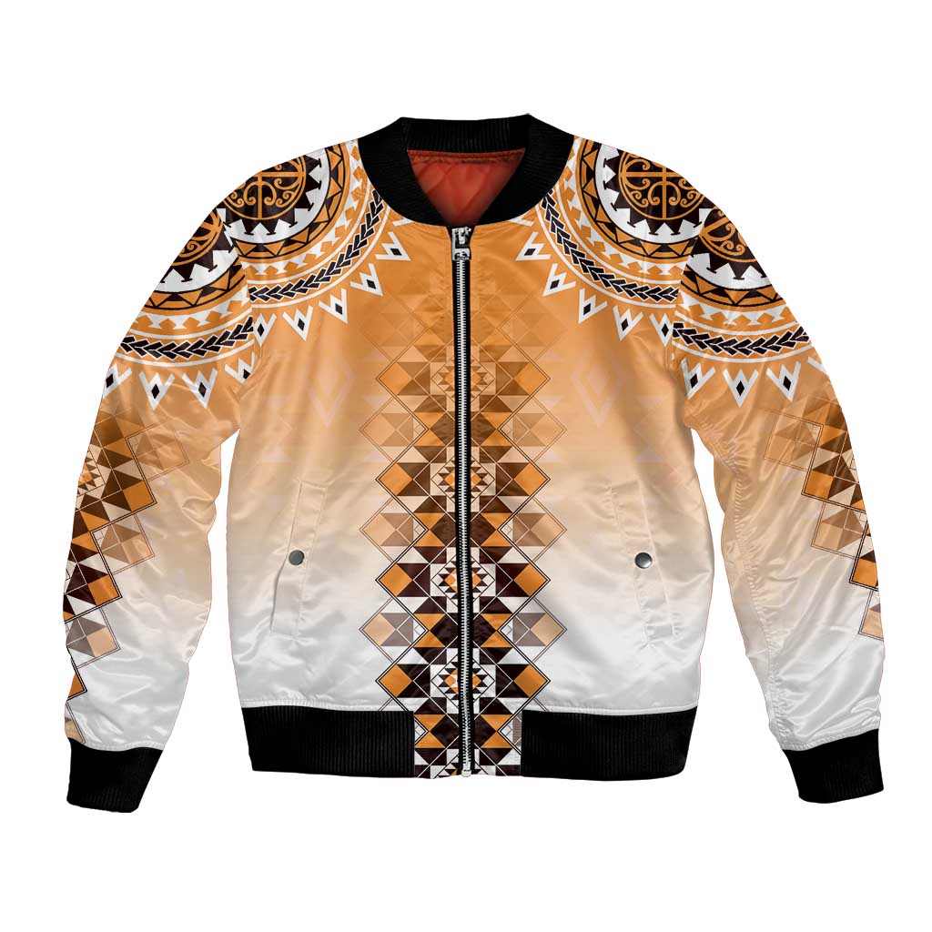 New Zealand Bomber Jacket Poutama Mix Orange Taniko Inspired Art LT05 Unisex Orange - Polynesian Pride