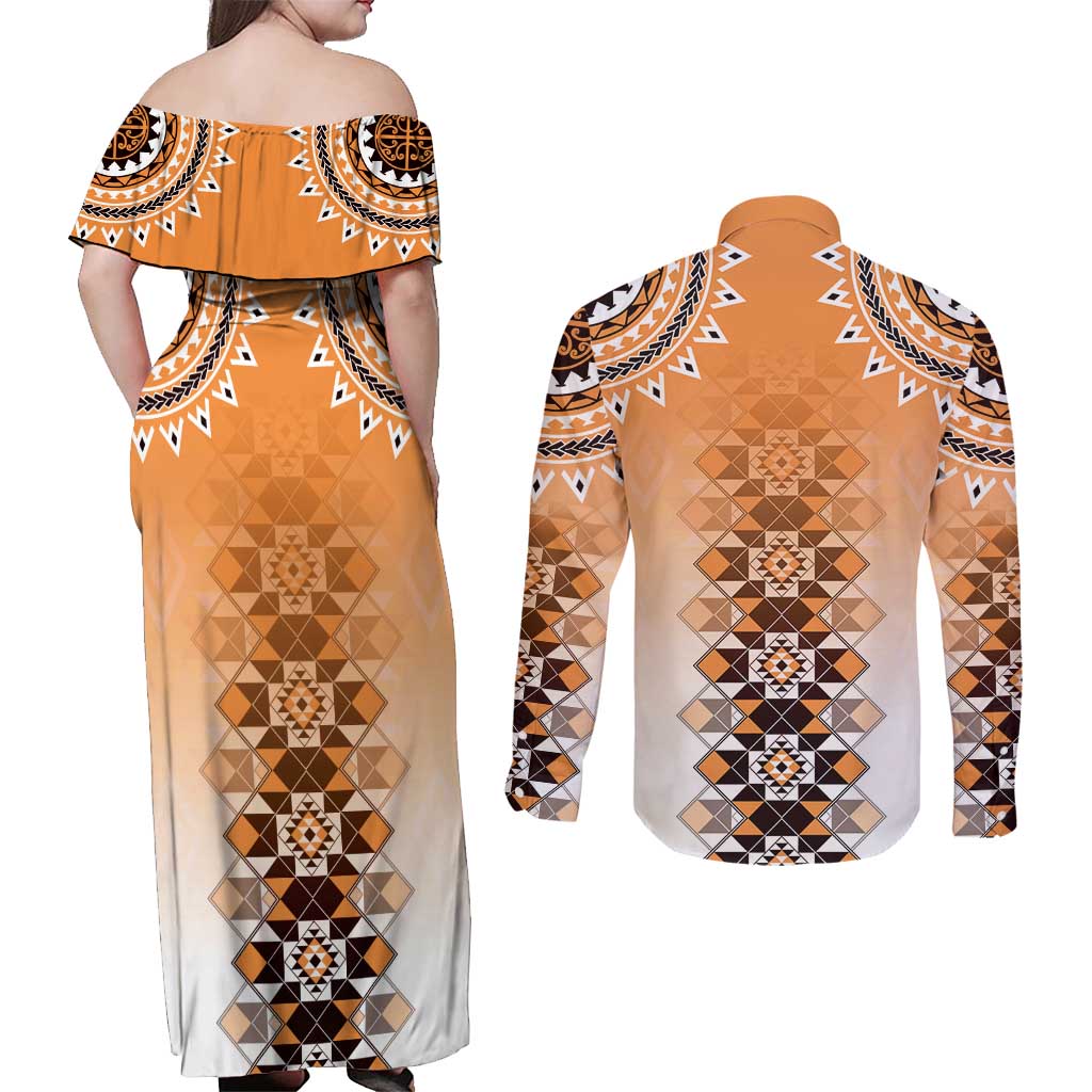 New Zealand Couples Matching Off Shoulder Maxi Dress and Long Sleeve Button Shirt Poutama Mix Orange Taniko Inspired Art LT05