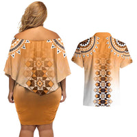 New Zealand Couples Matching Off Shoulder Short Dress and Hawaiian Shirt Poutama Mix Orange Taniko Inspired Art LT05