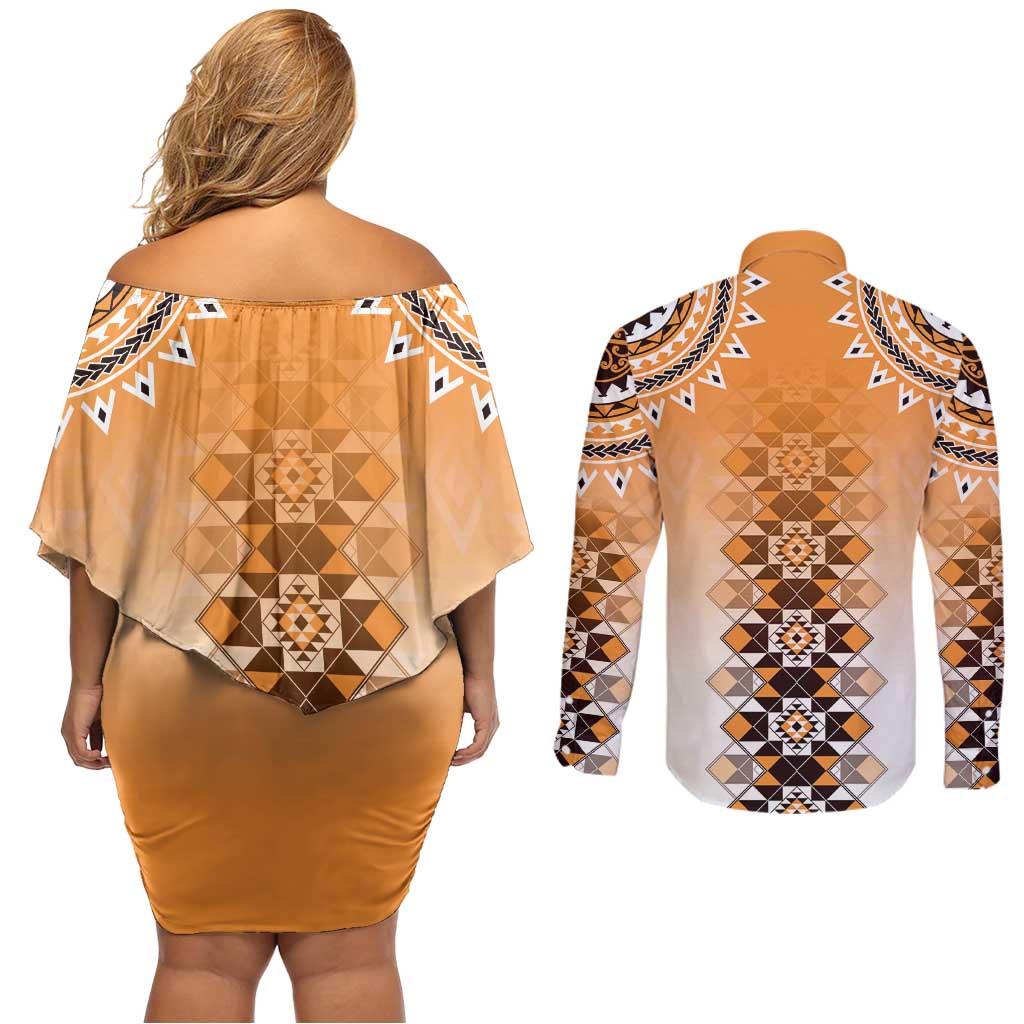 New Zealand Couples Matching Off Shoulder Short Dress and Long Sleeve Button Shirt Poutama Mix Orange Taniko Inspired Art LT05